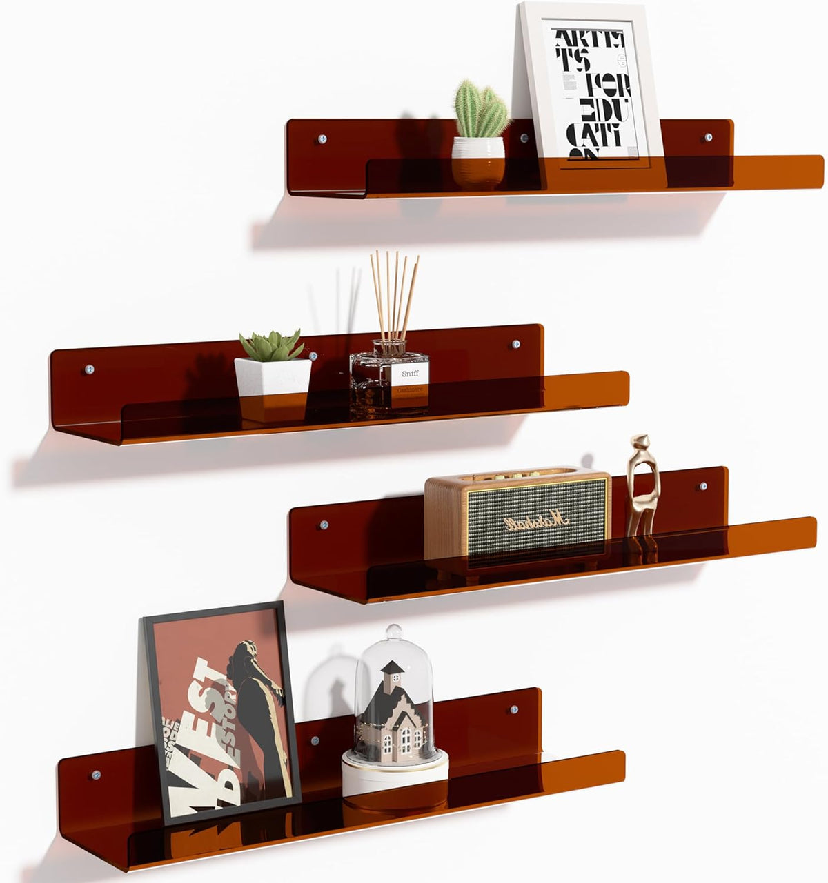4-Pack Acryl Planken | 15” Zwevende Boekenplanken voor Wandopslag in Elke Kamer