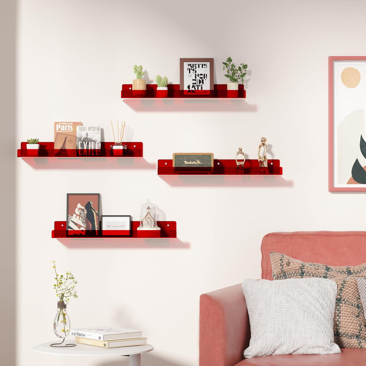 4-Pack Acryl Planken | 15” Zwevende Boekenplanken voor Wandopslag in Elke Kamer