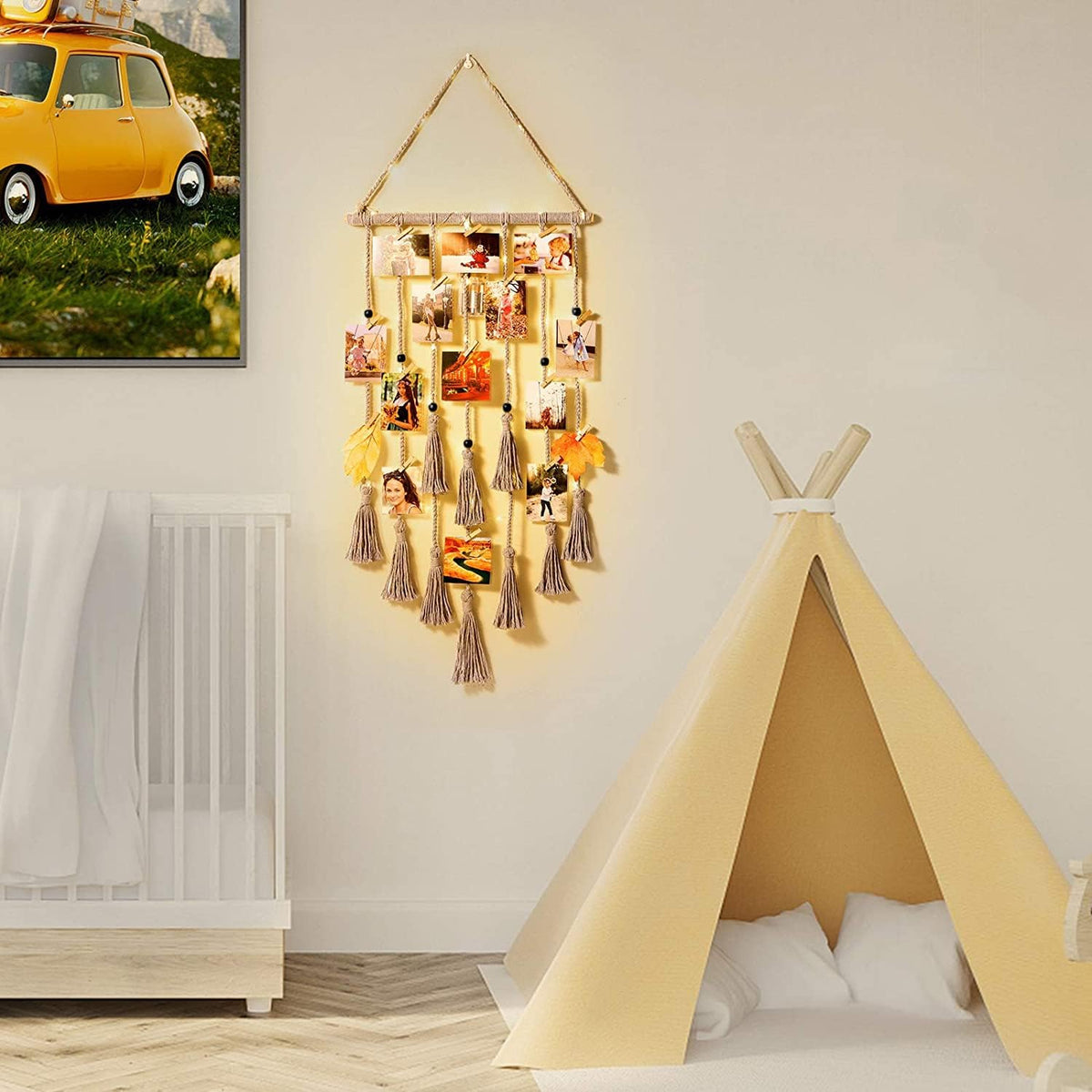Homecor Macrame Foto Display met 30 Clips | Boho Muurdecoratie met Lichten - Foto Collage Bord voor Kamer & Feestdagen