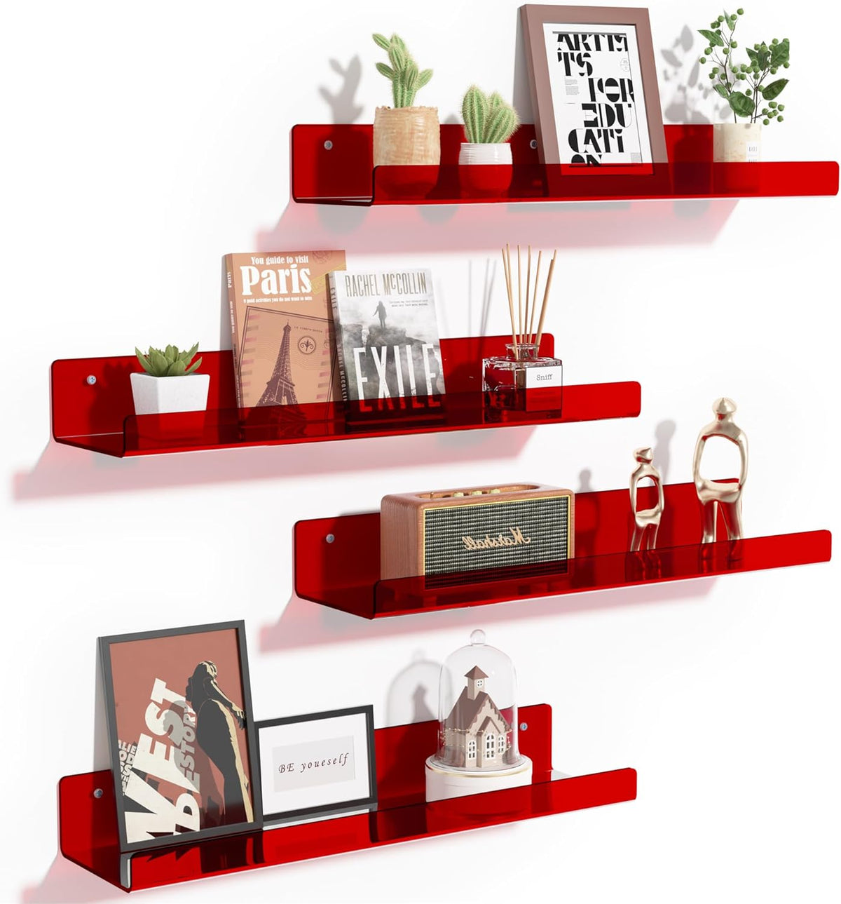 4-Pack Acryl Planken | 15” Zwevende Boekenplanken voor Wandopslag in Elke Kamer
