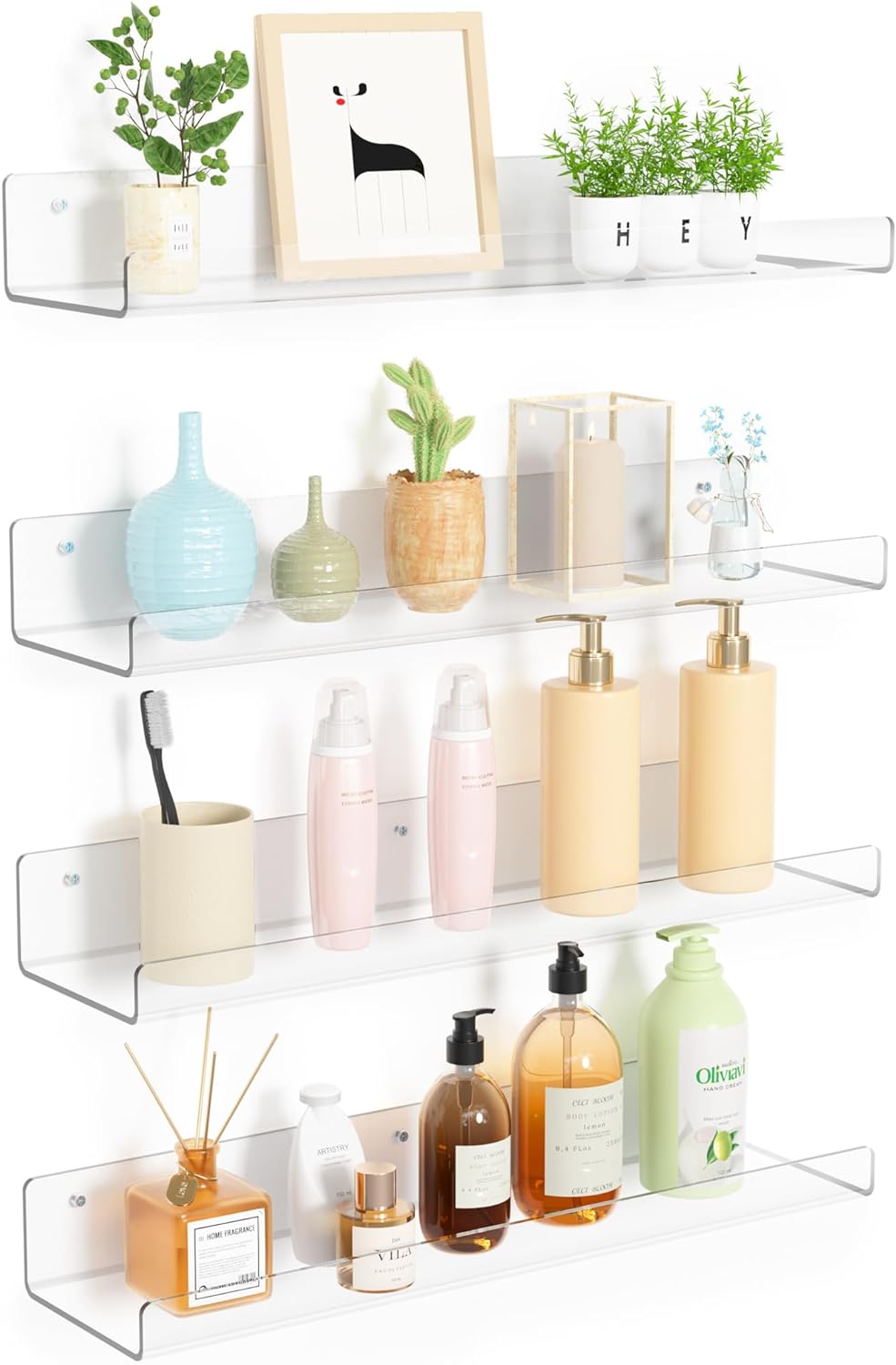4-Pack Acryl Planken | 15” Zwevende Boekenplanken voor Wandopslag in Elke Kamer