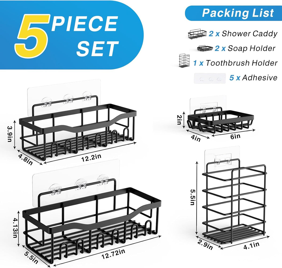 StickPro Zelfklevende Douchemanden 5-Pack | Roestvrijstalen Badkamerorganizers - Geen Boren Nodig
