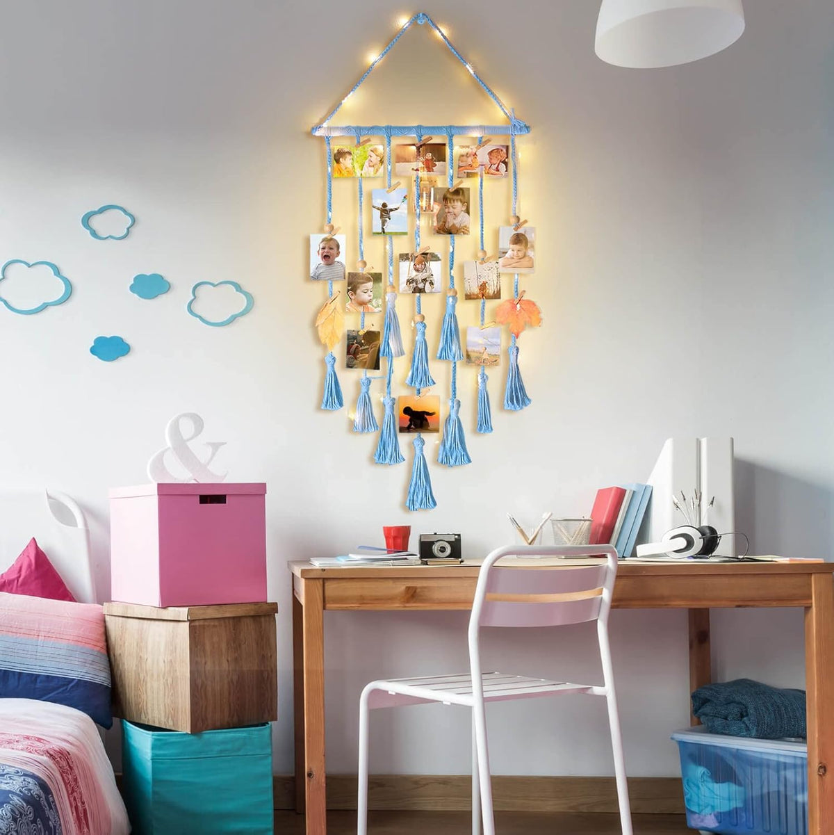 Homecor Macrame Foto Display met 30 Clips | Boho Muurdecoratie met Lichten - Foto Collage Bord voor Kamer & Feestdagen