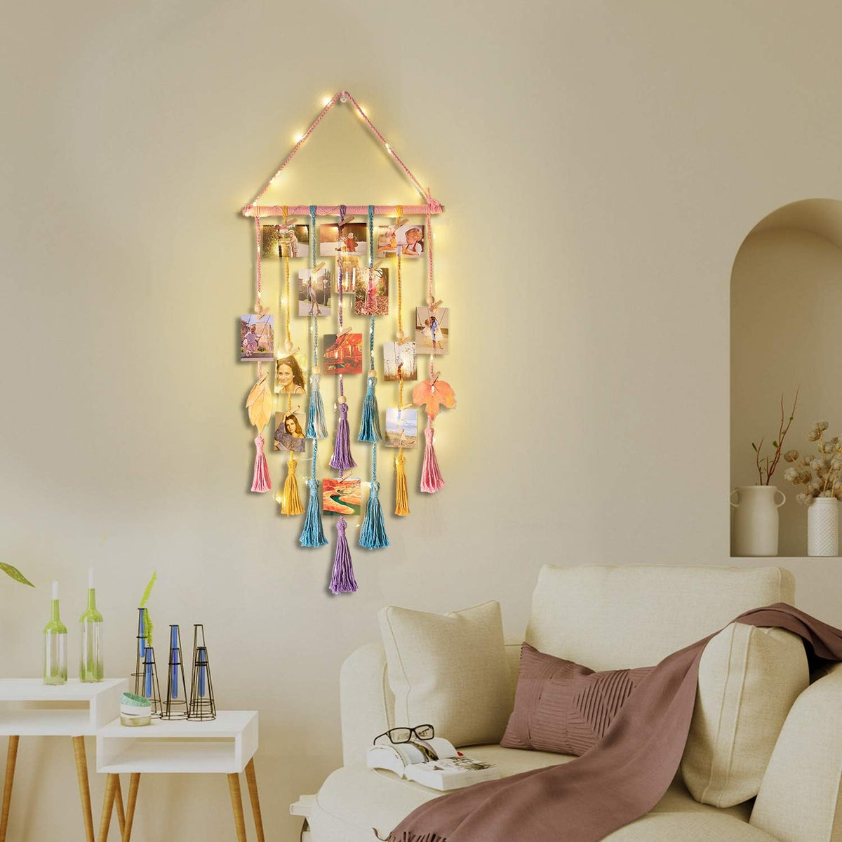 Homecor Macrame Foto Display met 30 Clips | Boho Muurdecoratie met Lichten - Foto Collage Bord voor Kamer & Feestdagen