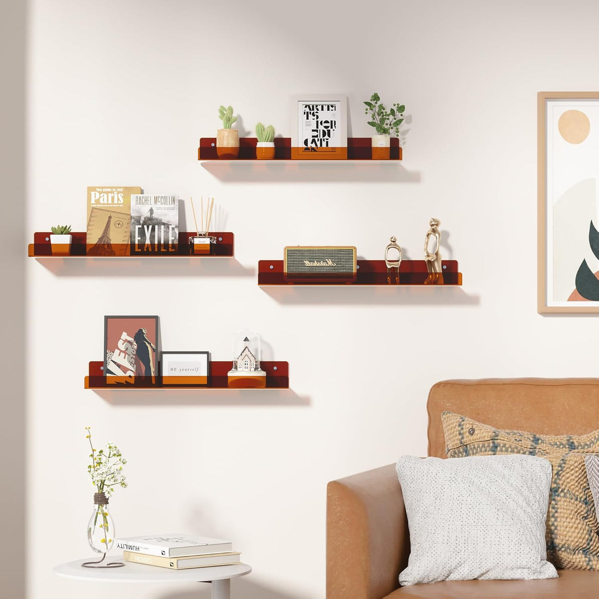 4-Pack Acryl Planken | 15” Zwevende Boekenplanken voor Wandopslag in Elke Kamer