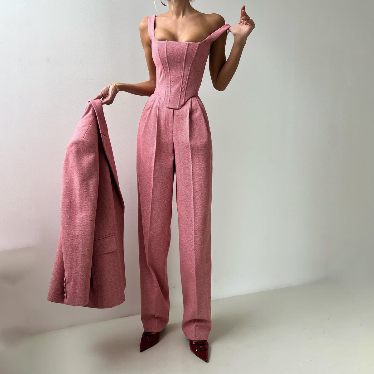 Elegante 3-Delige Dames Suitset met Blazer, Top & Wide Leg Broek