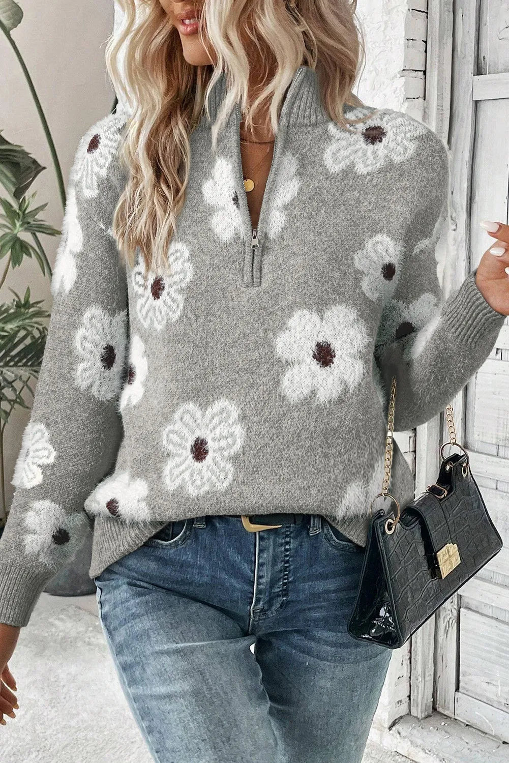 Sweater met bloemenprint en halve rits voor dames