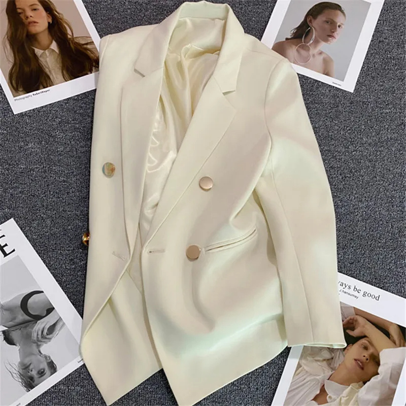 Lange Dames Blazer met Gouden Knopen & Dubbele Sluiting damespak kantoorpak vrouwenpak