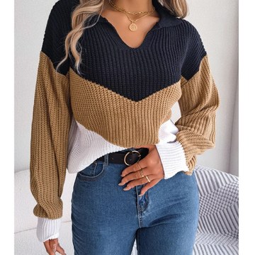 Gebreide trui met V-hals en kleurblokken voor dames