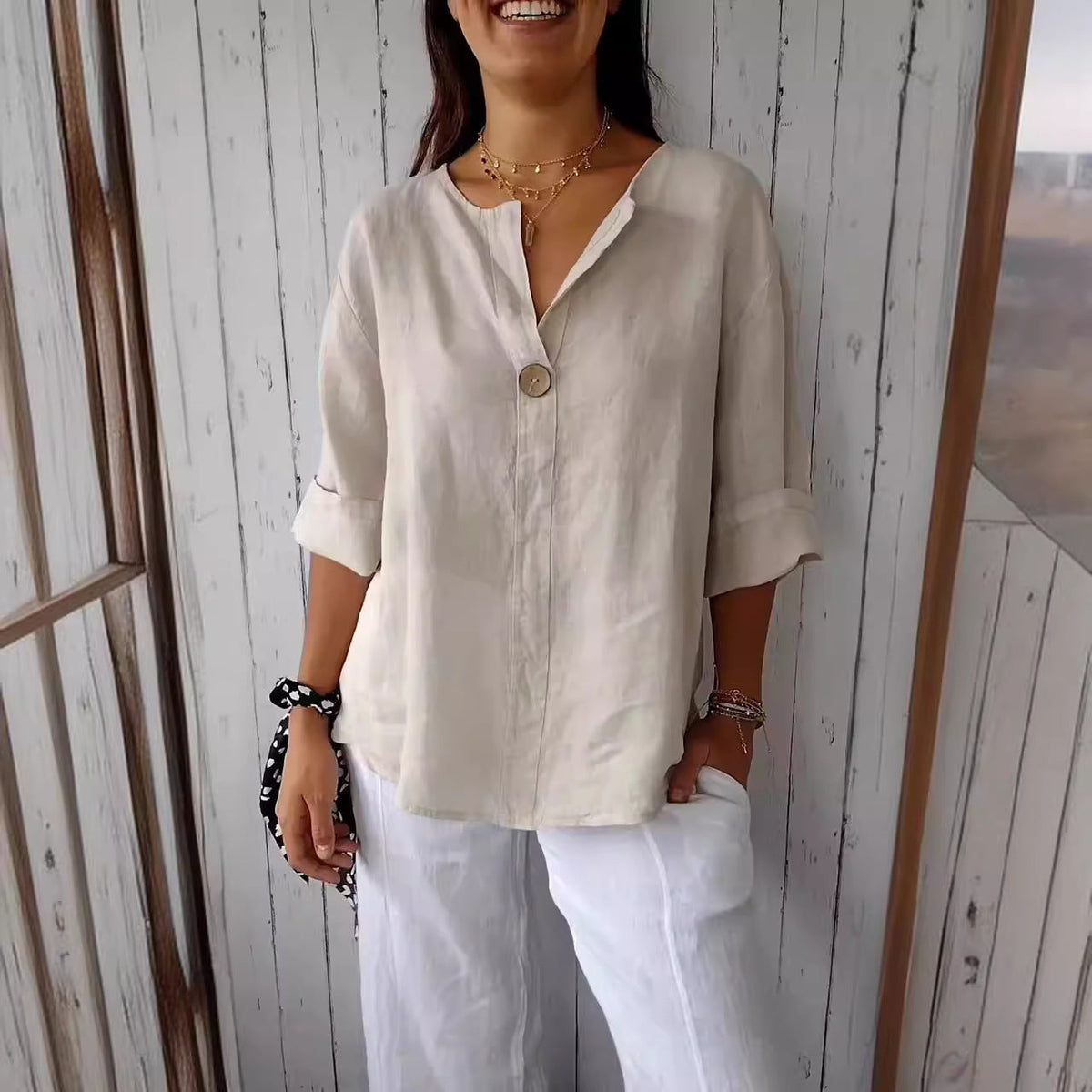 V-neck Long-sleeved T-shirt Fashion Loose Cotton And Linen Button Tops For Women