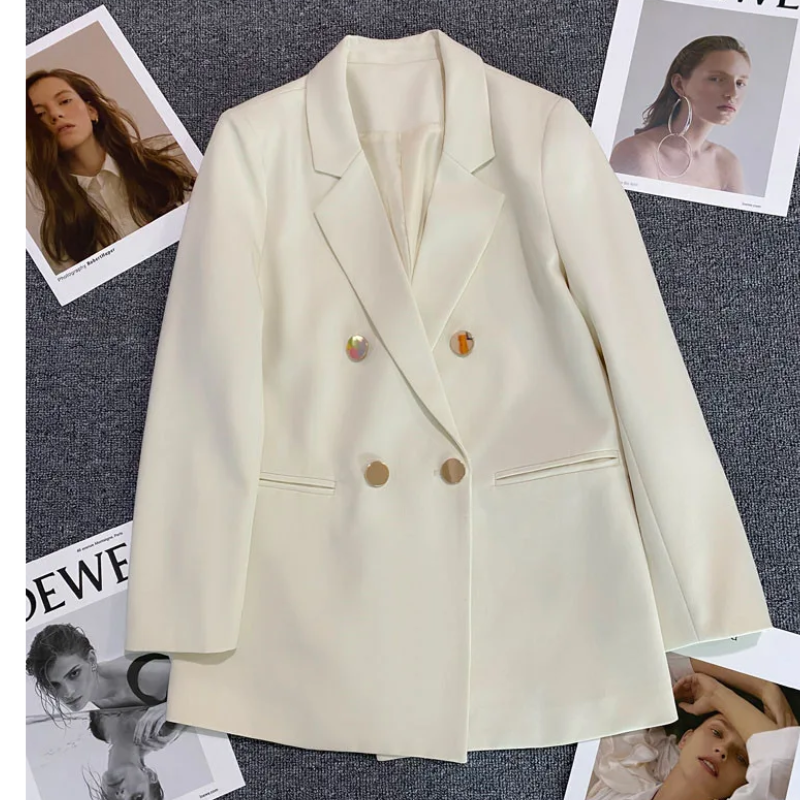 Lange Dames Blazer met Gouden Knopen & Dubbele Sluiting damespak kantoorpak vrouwenpak