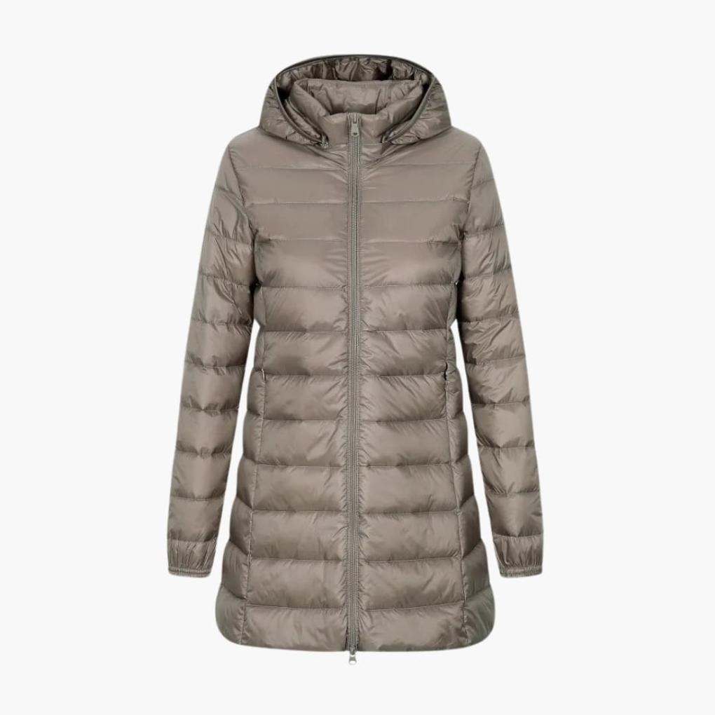 Dames donsjack voor de winter met capuchon en lange snit