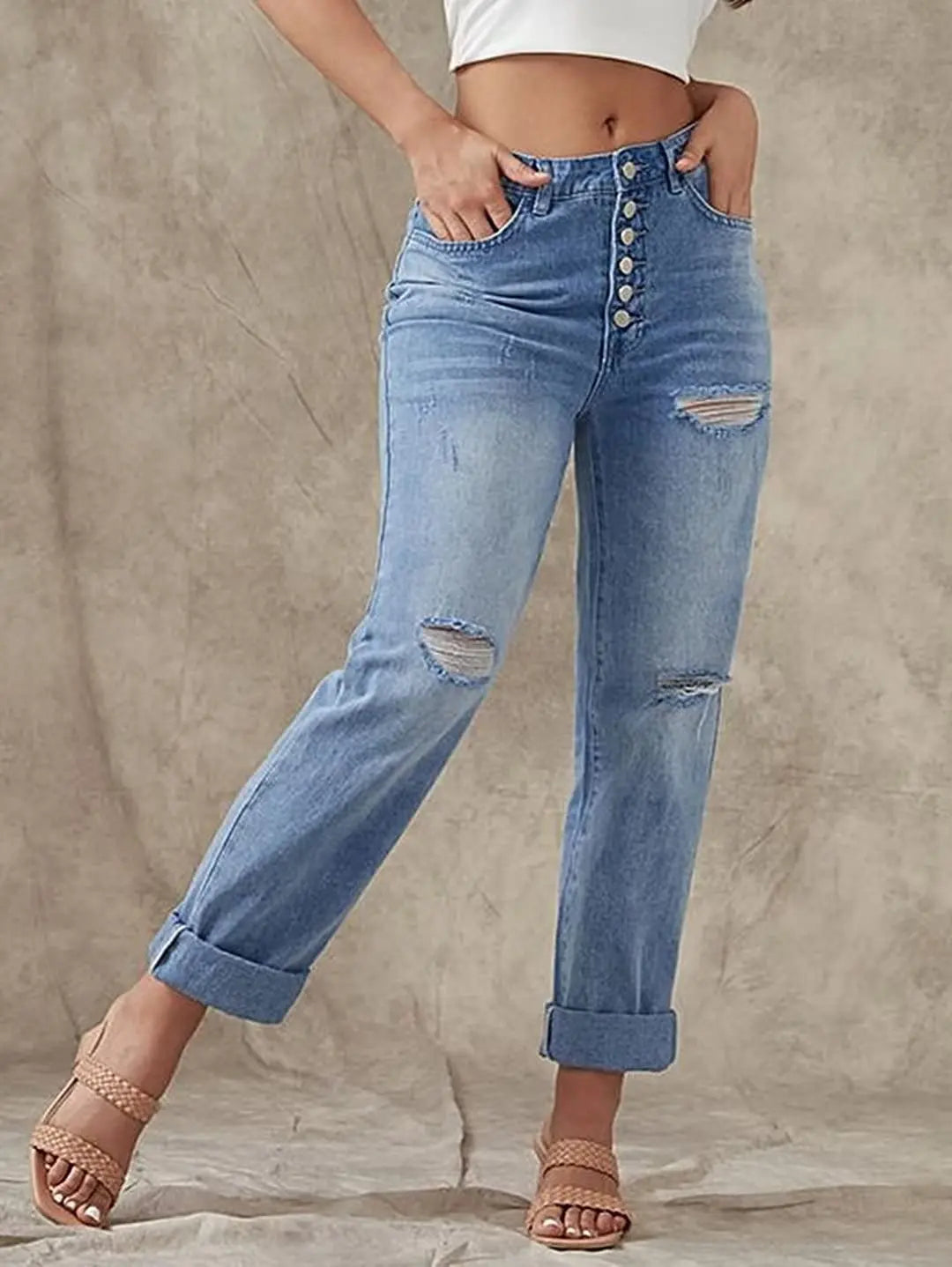 Low Waist Ripped Straight Leg Jeans voor Vrouwen