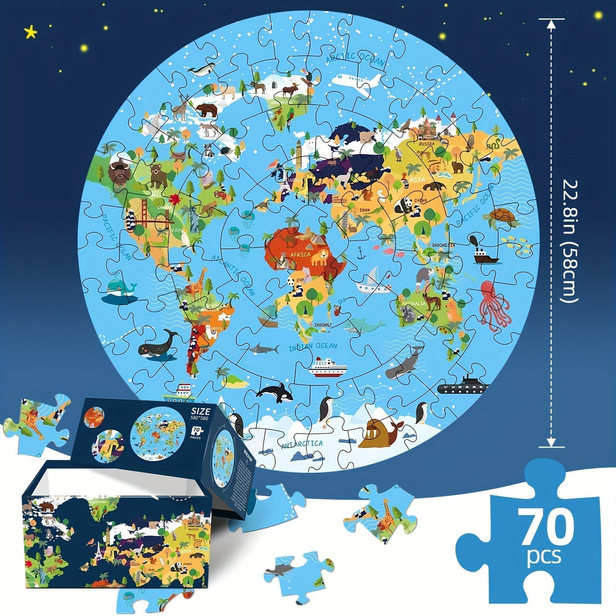Vloerpuzzel van 70 Stukjes – Rond Wereldkaartdesign voor Kinderen