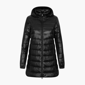Dames donsjack voor de winter met capuchon en lange snit