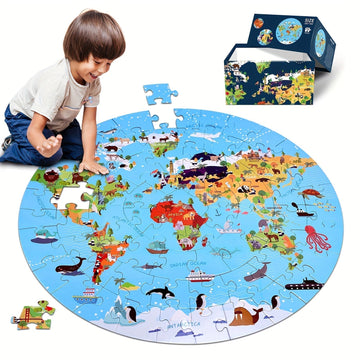 Vloerpuzzel van 70 Stukjes – Rond Wereldkaartdesign voor Kinderen