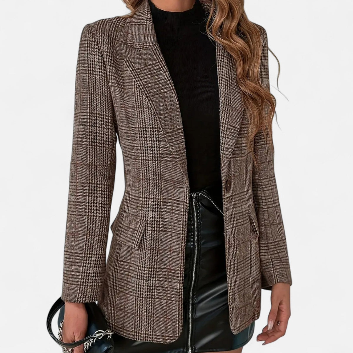 Dames geruite blazer met enkele knoopsluiting, getailleerde pasvorm, bruin