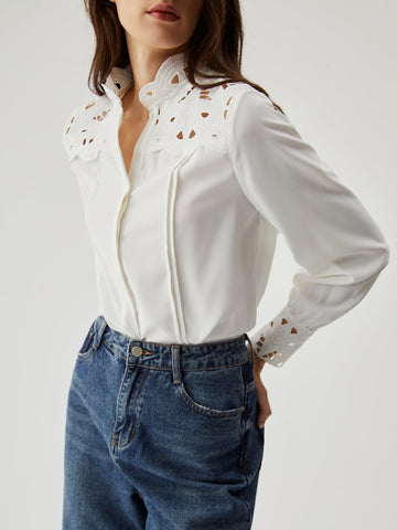 witte dames blouse met knopen en figuren zomer elegant chique voorjaar wit damesblouse
