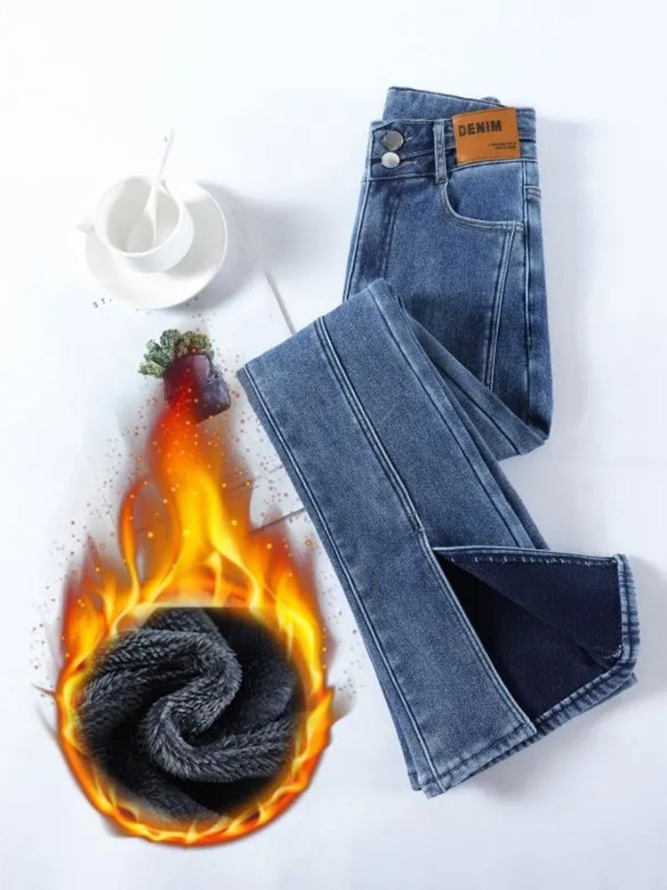Trendy Denim Broek Met Fluweel Gevoerde Binnenkant Voor Dames - Vaquerois