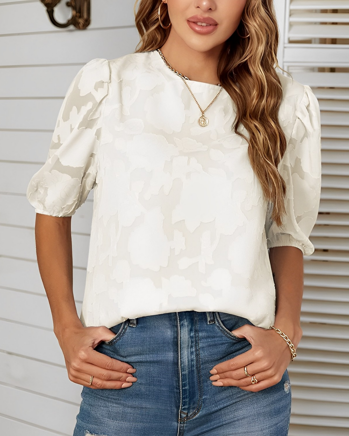 Chiffon Top met Bloemstructuur en Bubbelmouwen