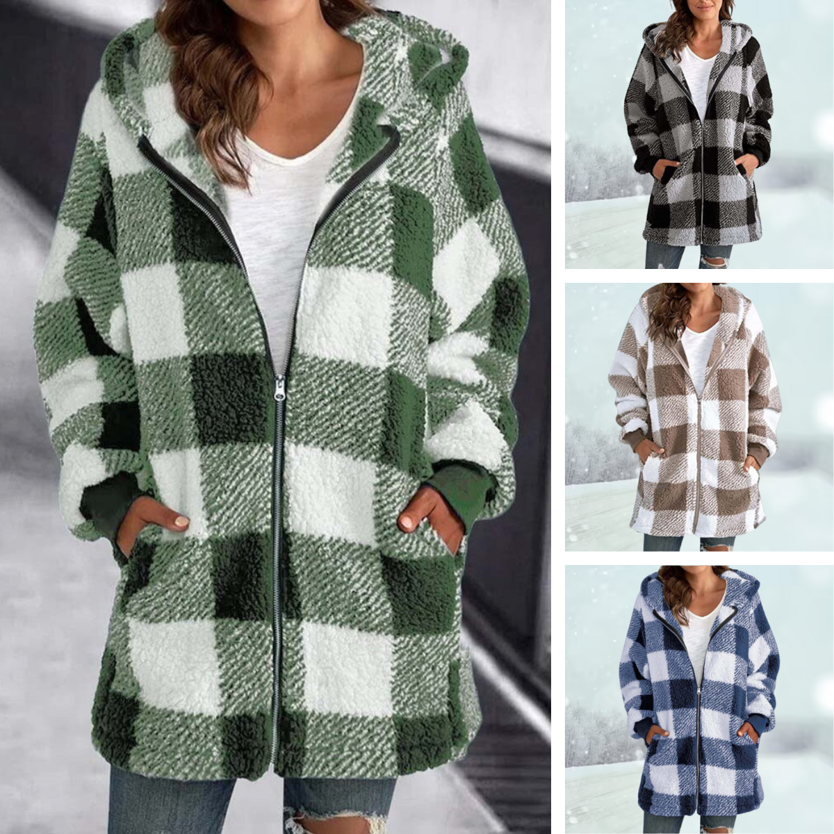 Geruite winterjas met capuchon voor dames