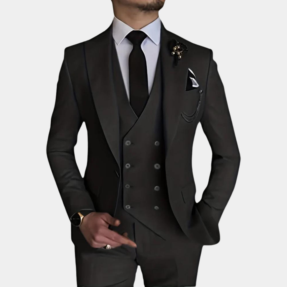 Zwart 3-delig herenpak met gilet, pantalon en blazer