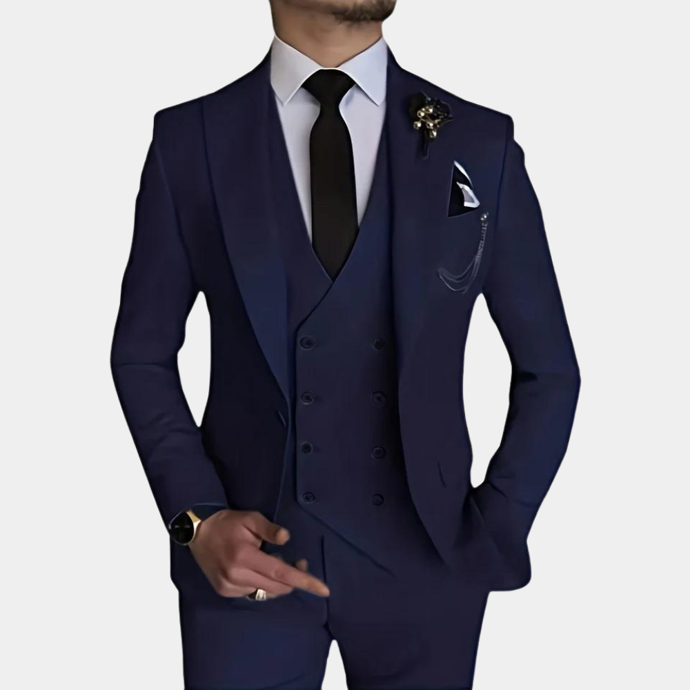 Blauw 3-delig herenpak met gilet, pantalon en blazer