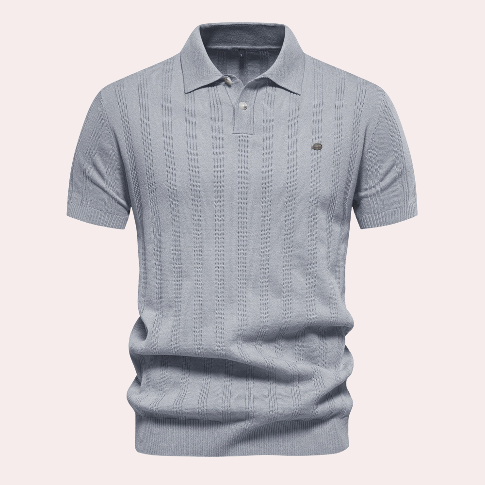 Grijze herenpolo met korte mouwen, geribbelde textuur en knoopsluiting. Stijlvolle casual kleding, perfect voor dagelijks gebruik.