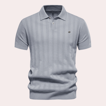Grijze herenpolo met korte mouwen, geribbelde textuur en knoopsluiting. Stijlvolle casual kleding, perfect voor dagelijks gebruik.