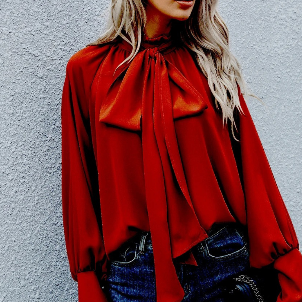 Isalie - Chiffon blouse met strik en pofmouwen