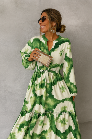 Dames maxi-jurk met lange mouwen en V-hals