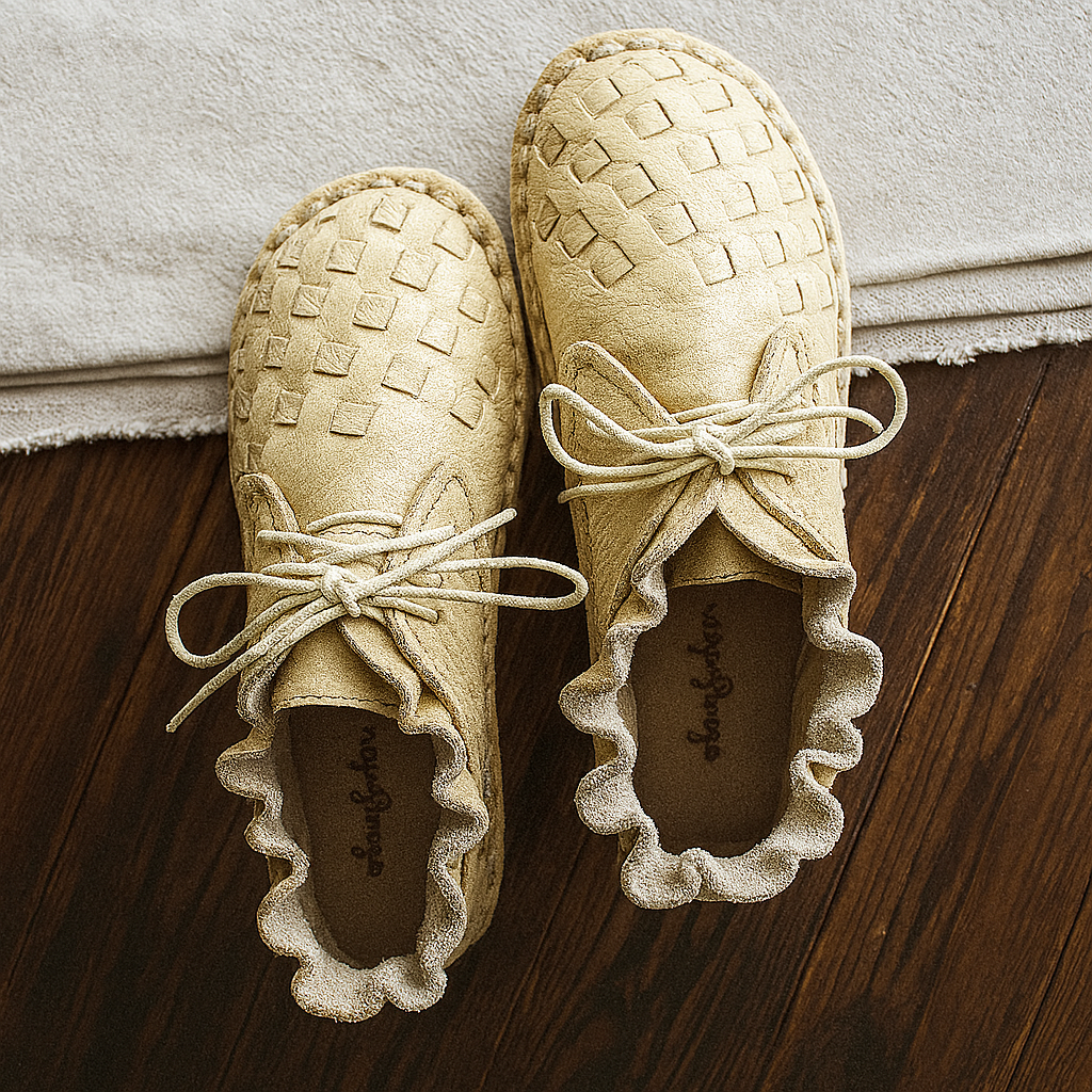 Handgemaakte platte schoenen van koeienhuid in retro Mori Girl-stijl