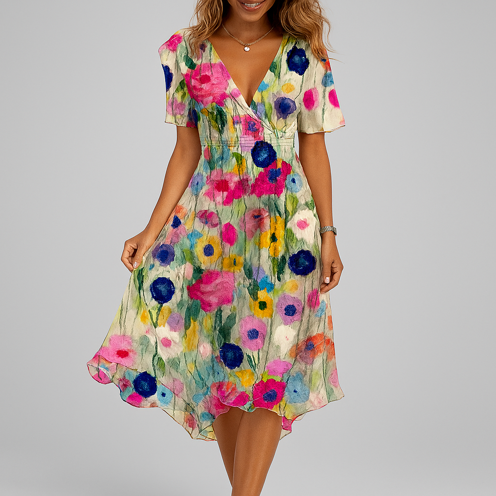 Elegante jurk met diepe V-hals en print