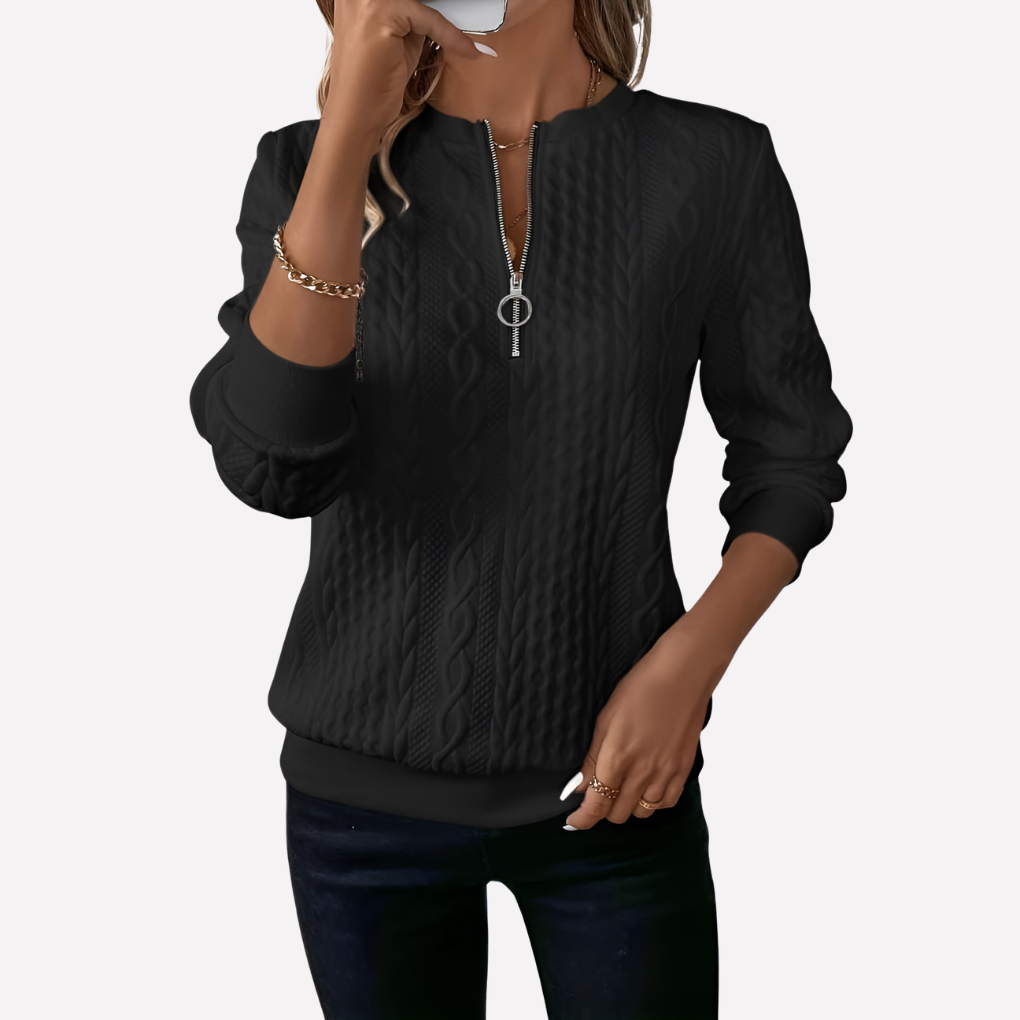Dames kabelgebreide pullover met ritskraag