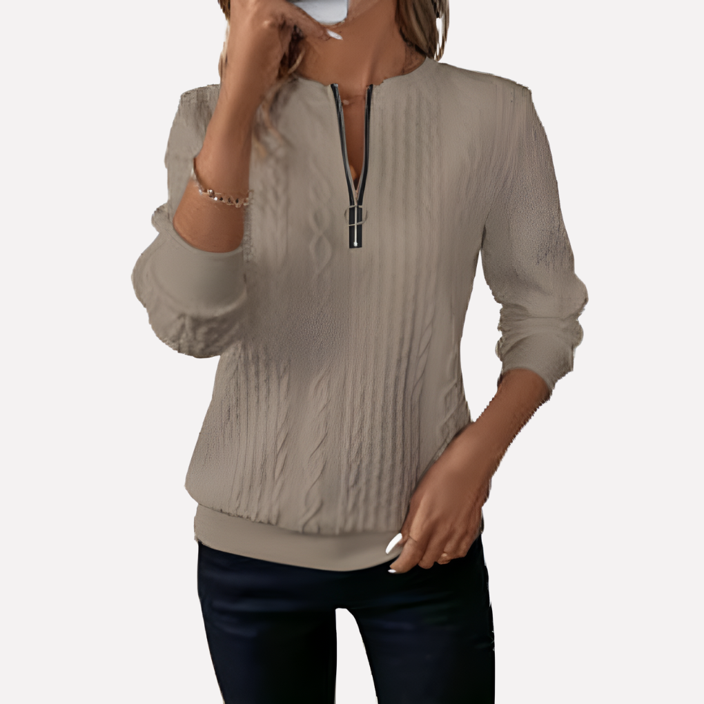 Dames kabelgebreide pullover met ritskraag