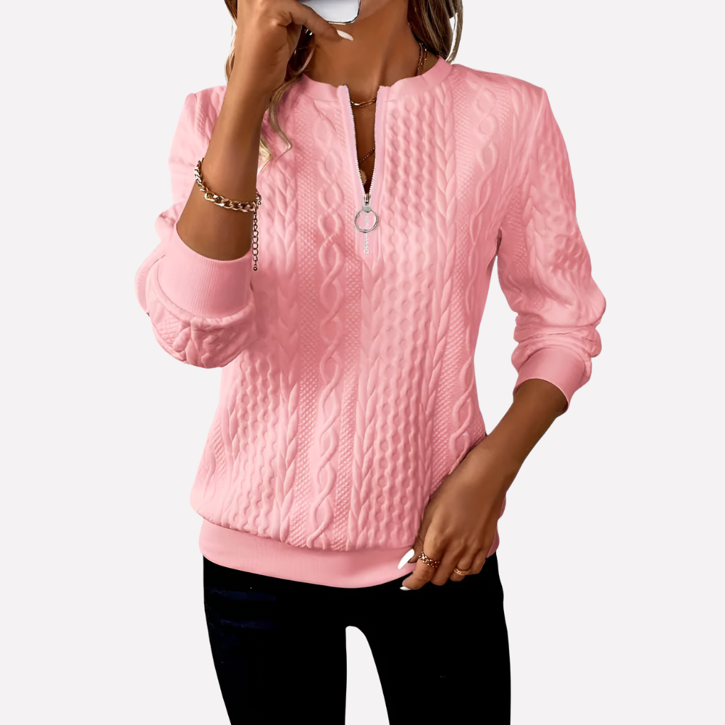 Dames kabelgebreide pullover met ritskraag