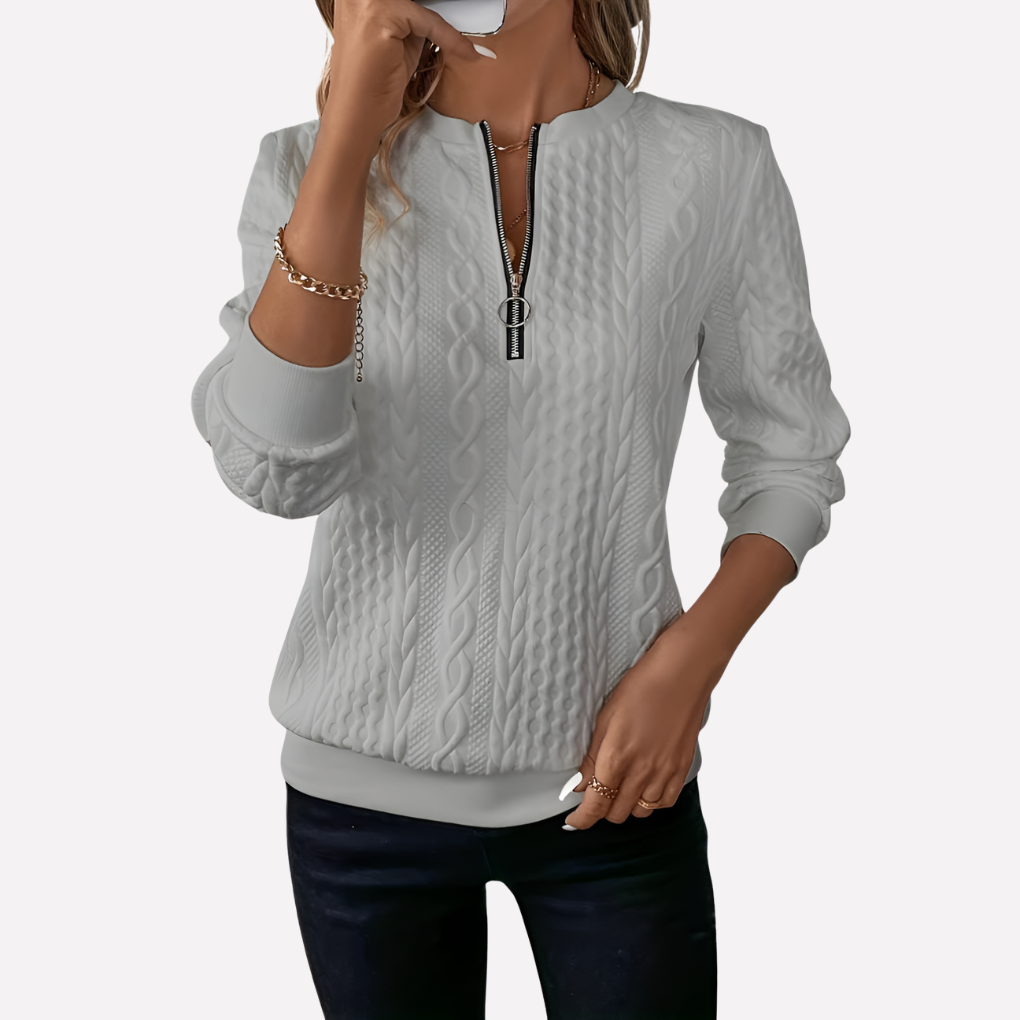 Dames kabelgebreide pullover met ritskraag