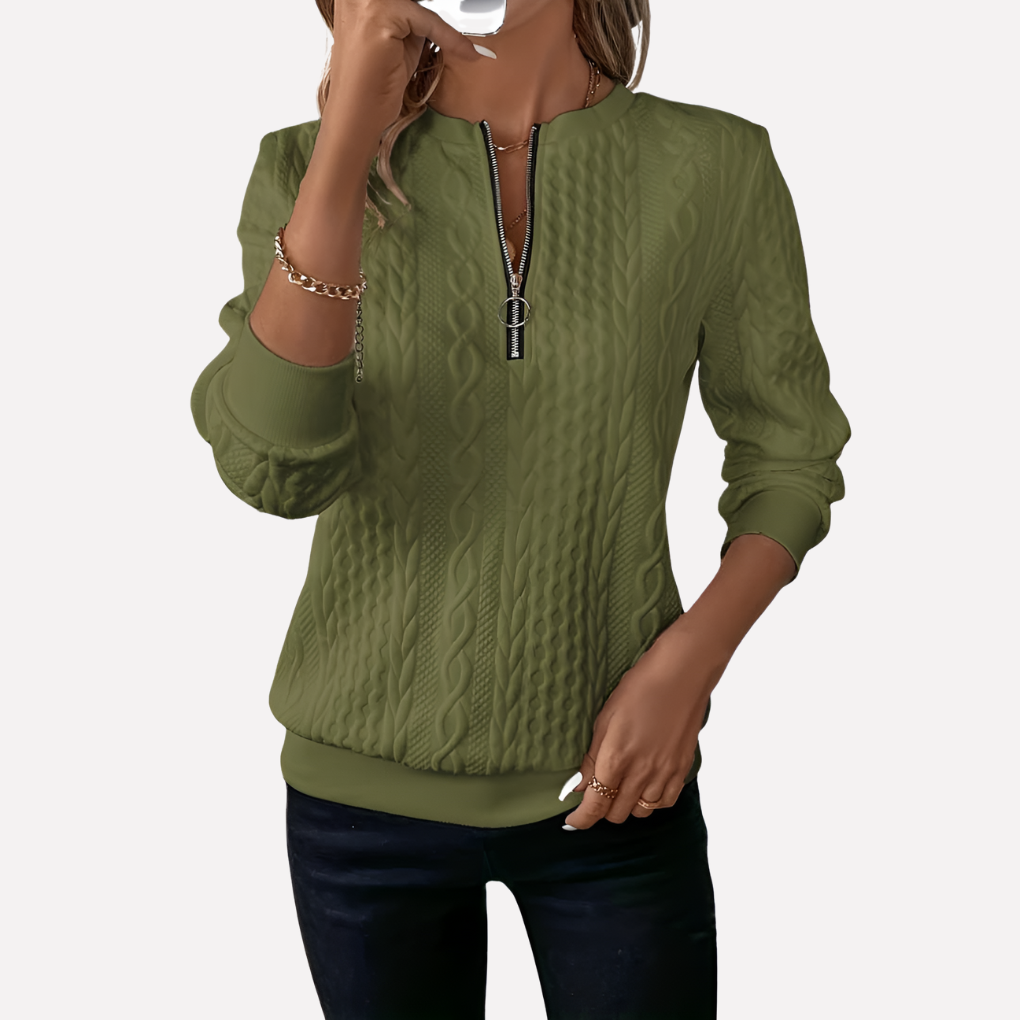 Dames kabelgebreide pullover met ritskraag