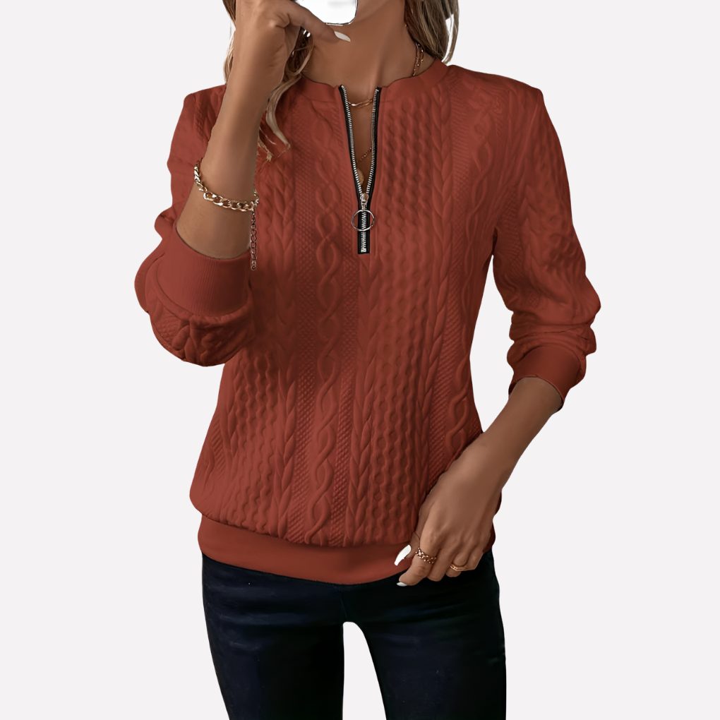 Dames kabelgebreide pullover met ritskraag