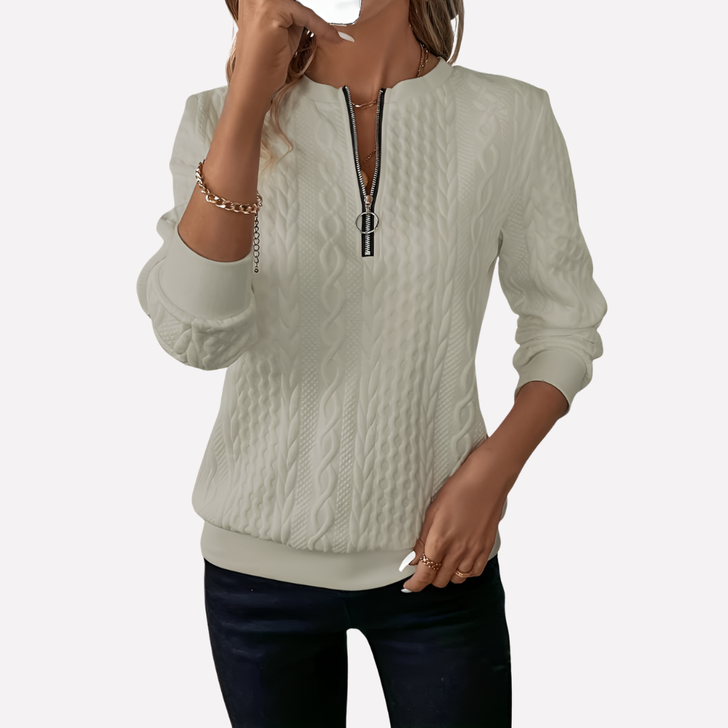 Dames kabelgebreide pullover met ritskraag