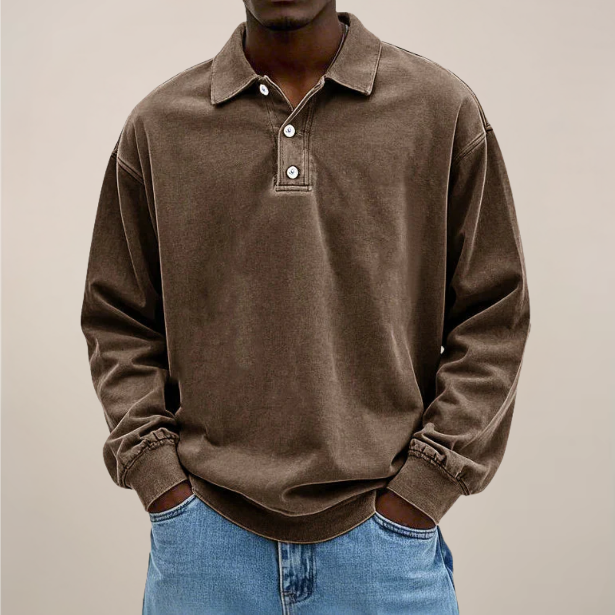 Herenpoloshirt met lange mouwen, knoopsluiting en losse pasvorm