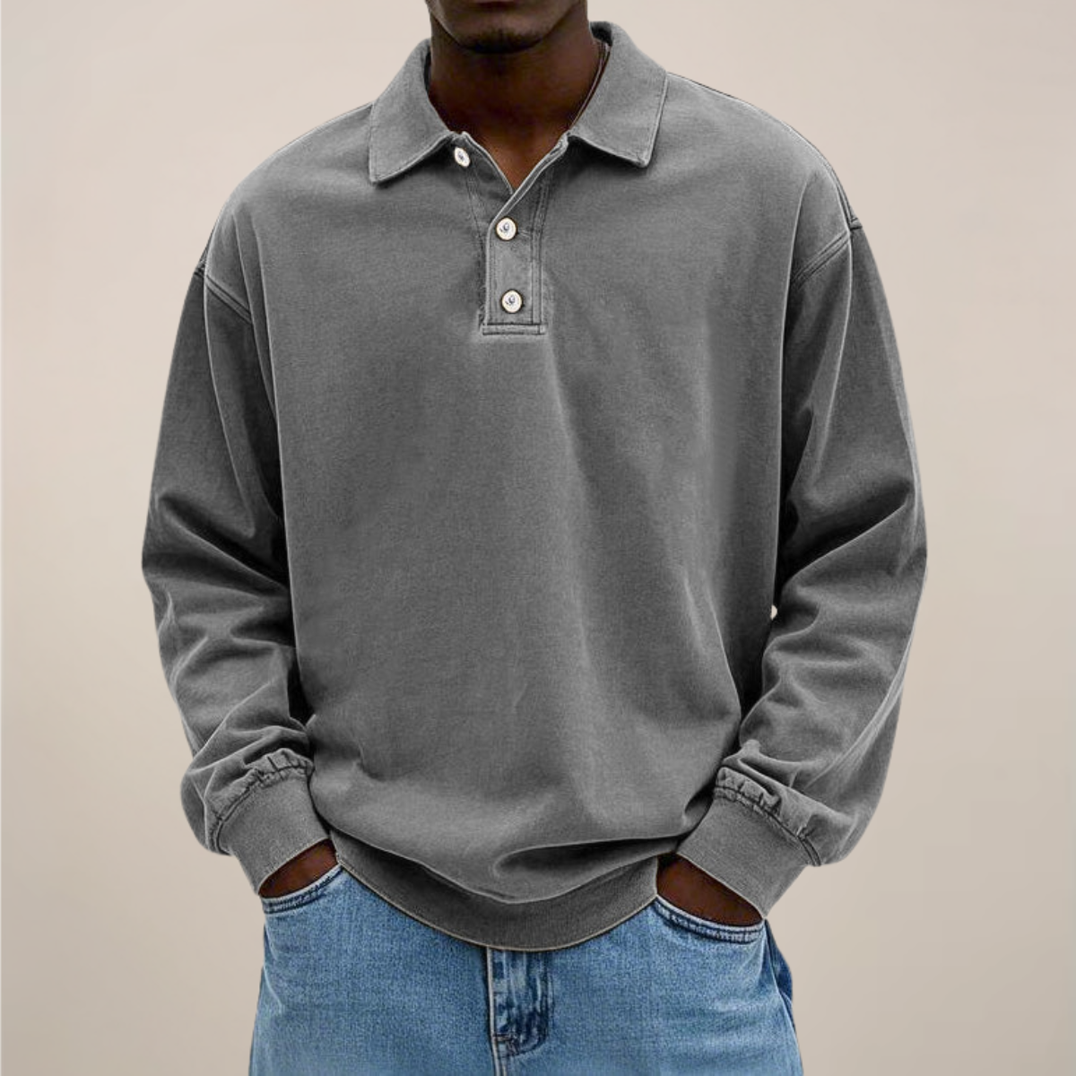 Herenpoloshirt met lange mouwen, knoopsluiting en losse pasvorm