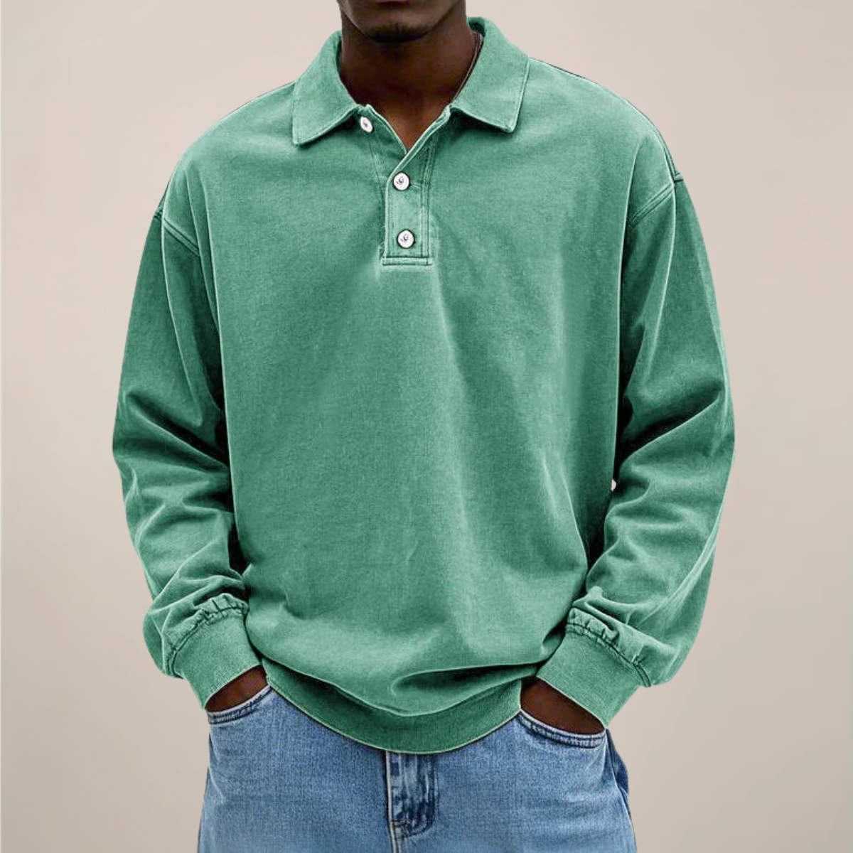 Herenpoloshirt met lange mouwen, knoopsluiting en losse pasvorm