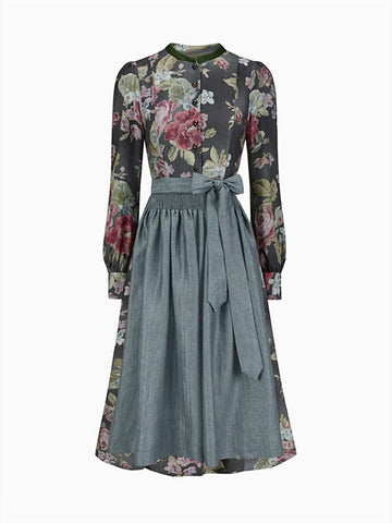 Lange vintage dirndljurk voor dames met bloemenprint en schort, van hoogwaardige stof