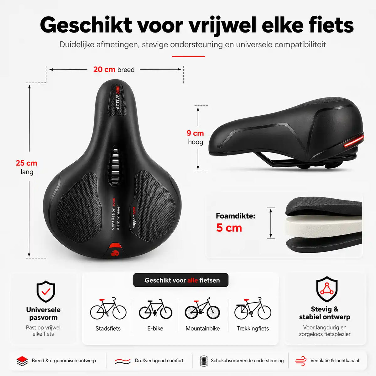 Ergonomische comfortabele fietszadel met uitsparing – met 2 inch dik schuim en waterdicht PU-leer