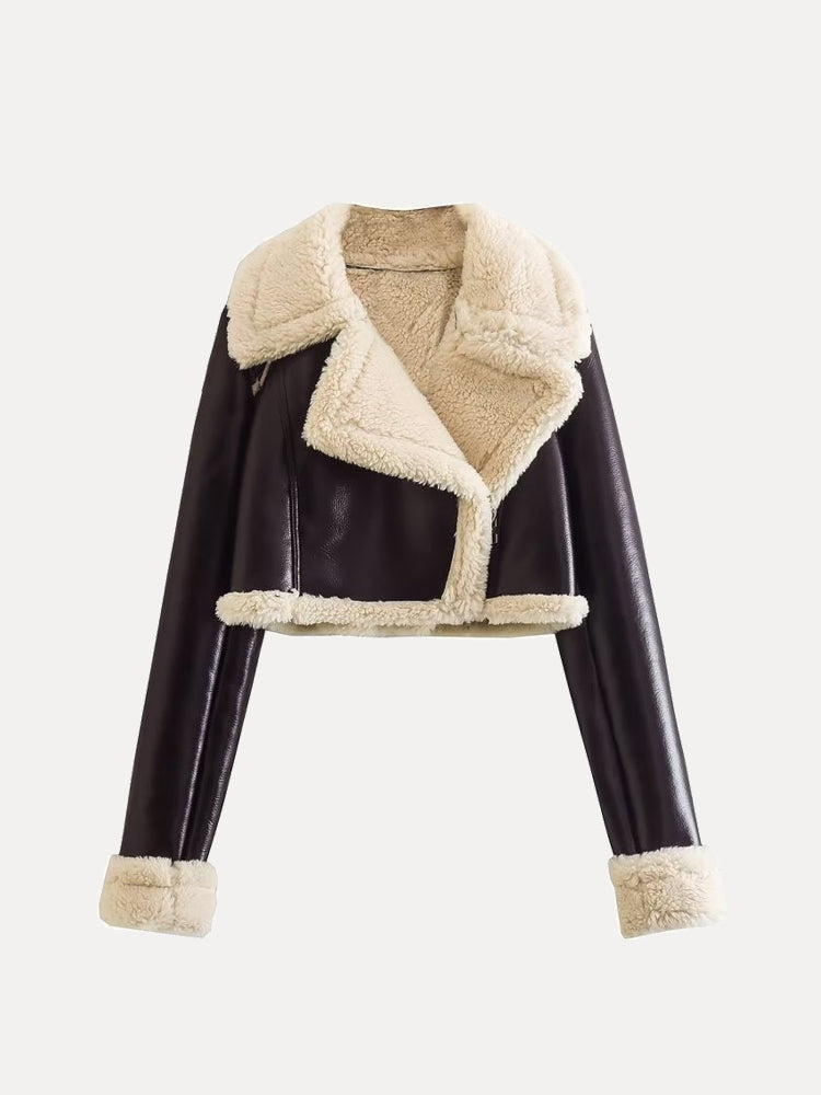 Jasmyn - Cropped leren Faux Fur Winterjas Voor Dames
