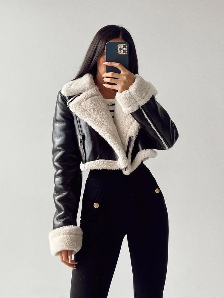 Jasmyn - Cropped leren Faux Fur Winterjas Voor Dames