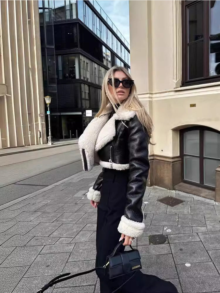 Jasmyn - Cropped leren Faux Fur Winterjas Voor Dames