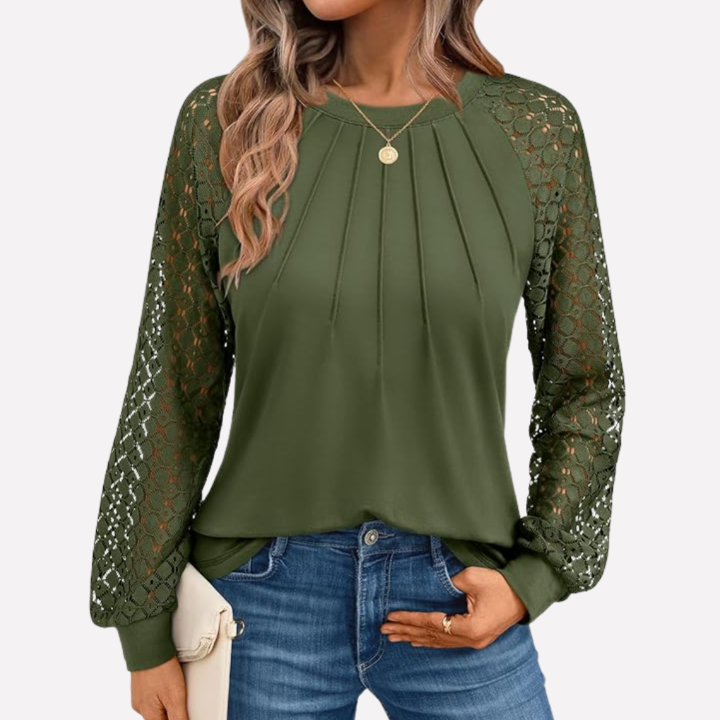 Blouse met lange mouwen, plooien en kant voor dames