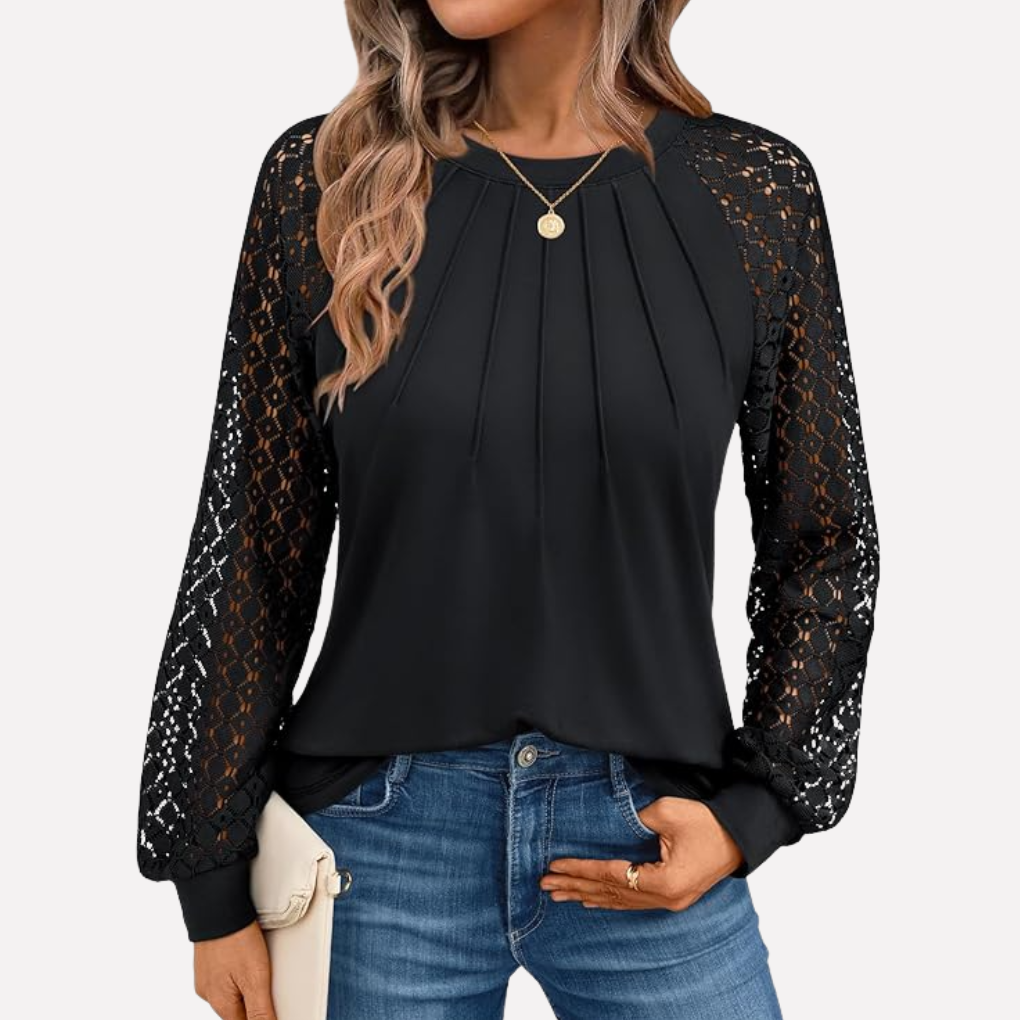 Blouse met lange mouwen, plooien en kant voor dames